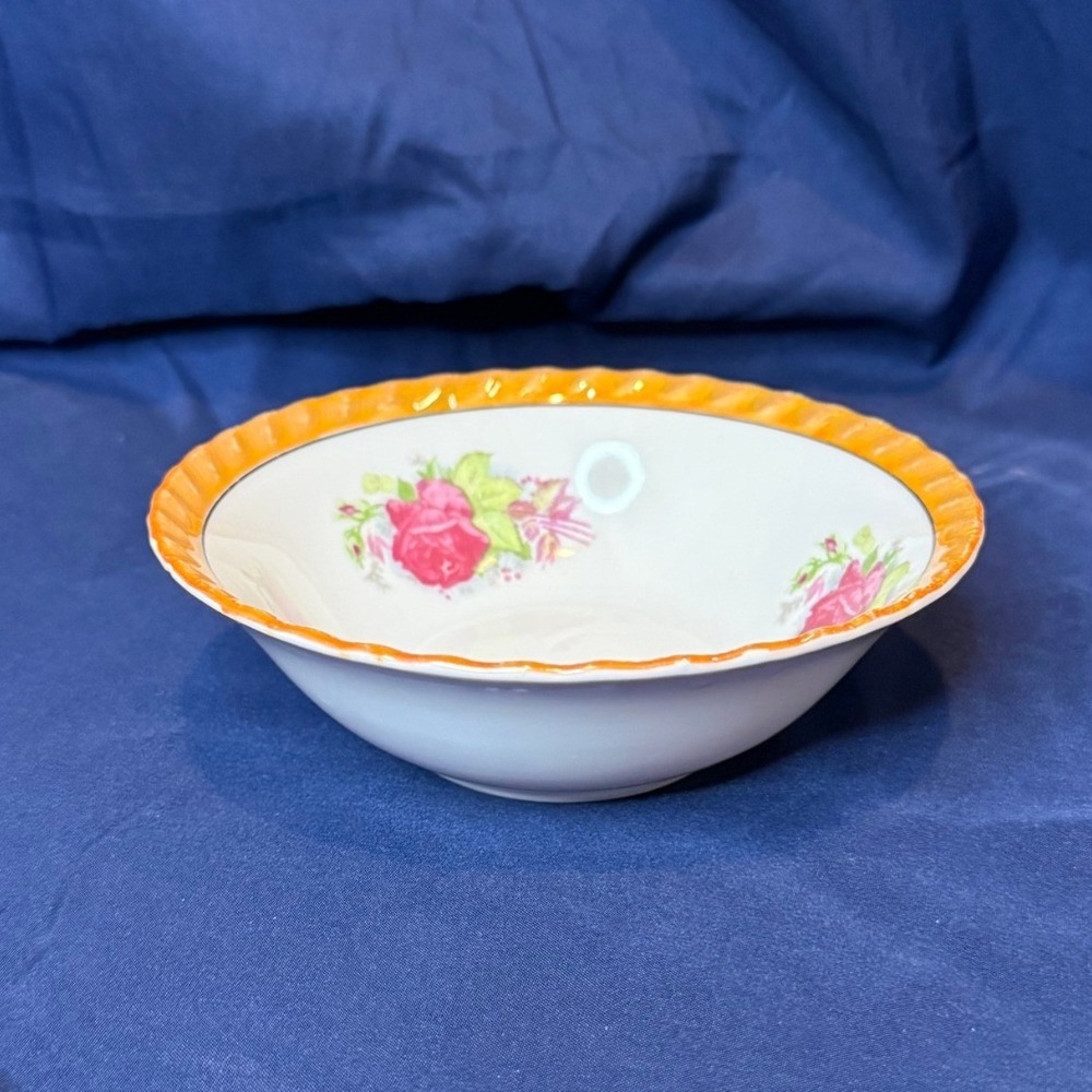 Vintage Japan Porcelain Floral Bowl Orange Lusterware Scalloped Edge Pink Rose
